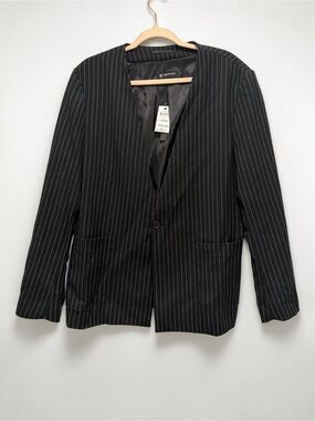 INC International Concepts Black White Pinstripe Slim Fit Blazer Jacket L NWT